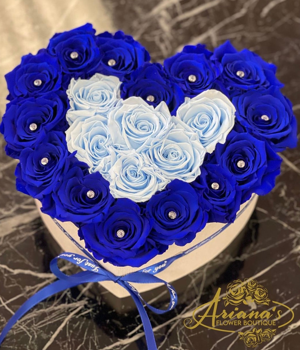 Royal Blue Roses Heart Royal blue and light blue Hearts preserved roses – Ariana's Flower Boutique